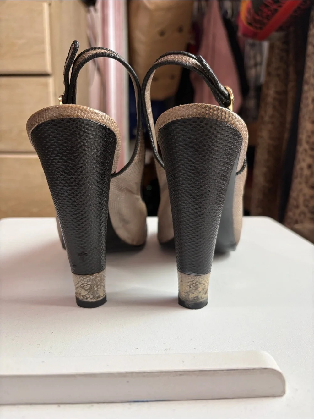 CHANEL Beige and Black Leather Slingback Pumps with CC Medallion